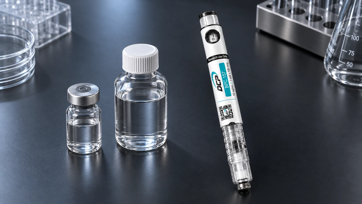 Dual Chamber Peptides pen beside a conventional vial, a solvent bottle and packaged lab equipment