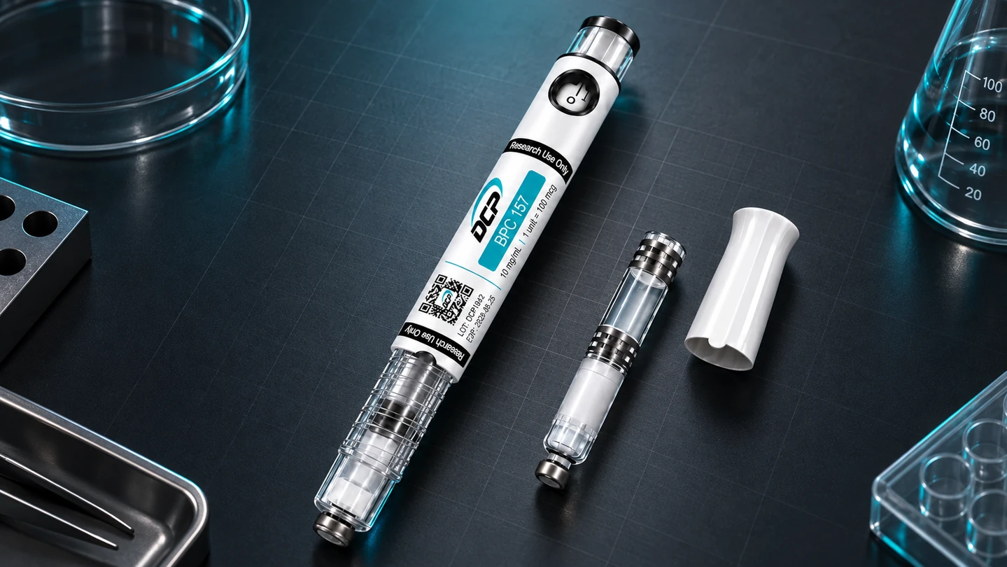 Dual Chamber Peptides pen with its two-chamber cartridge on a dark technical background